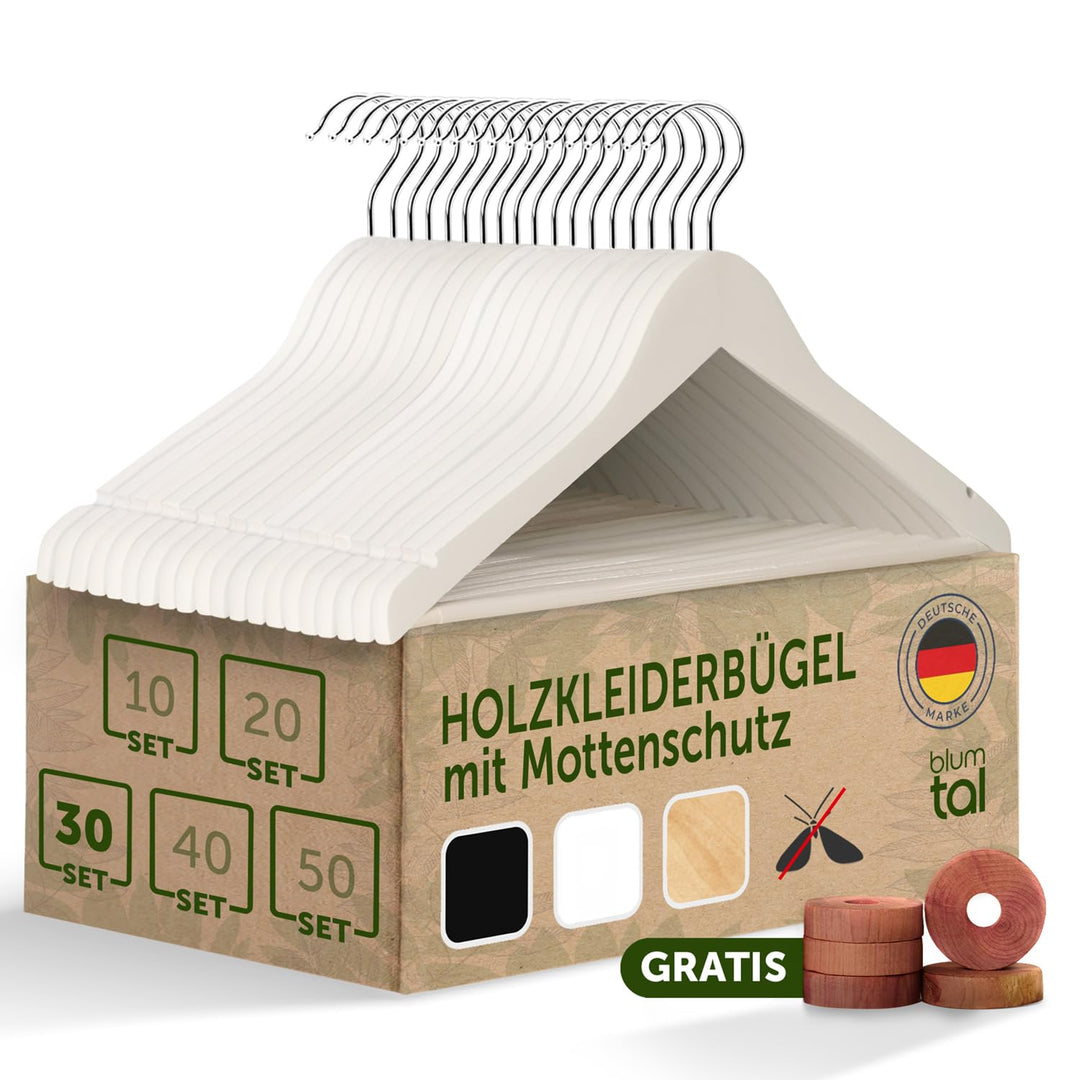 Blumtal Kleiderbügel Set 30 Stück - Holzbügel in Weiss mit 360° Drehbarem Metallhaken - Zedernholz M