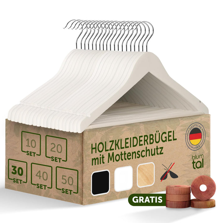 Blumtal Kleiderbügel Set 30 Stück - Holzbügel in Weiss mit 360° Drehbarem Metallhaken - Zedernholz M