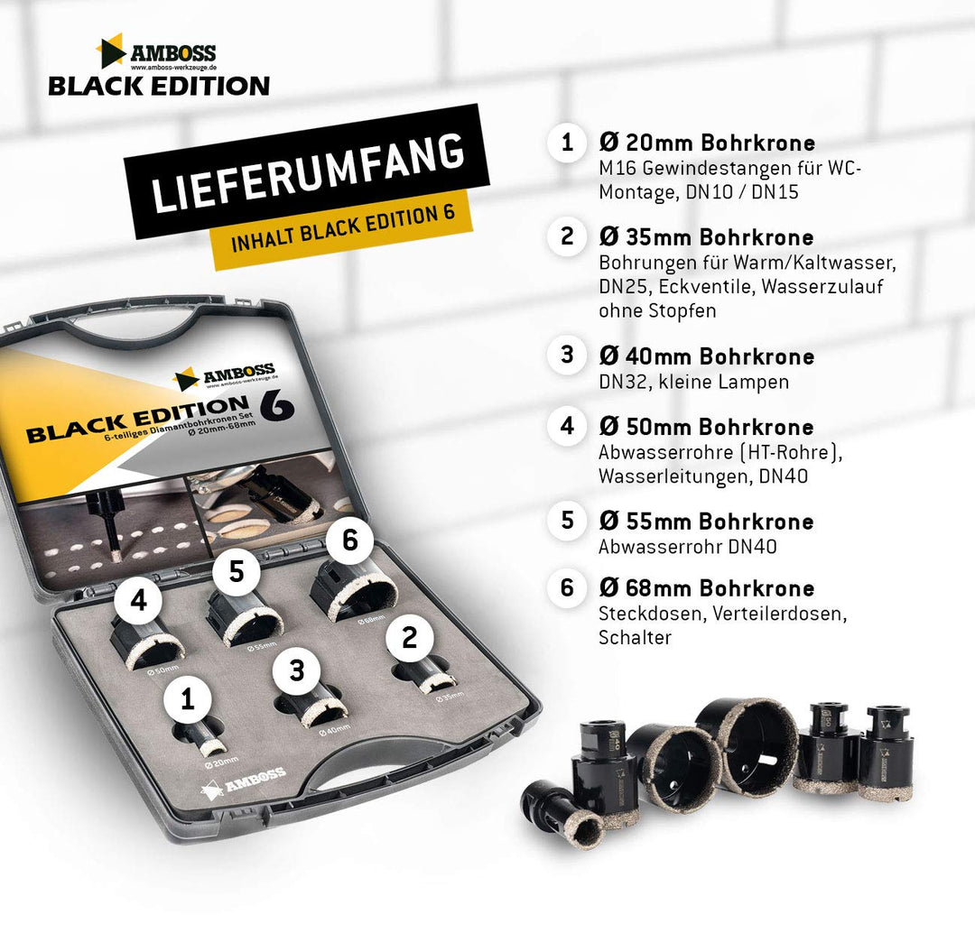 Amboss - Diamant Fliesenbohrer-/Bohrkronen - Set 6 tlg. (Ø 20-68 mm) Premium Black Edition | M14 für