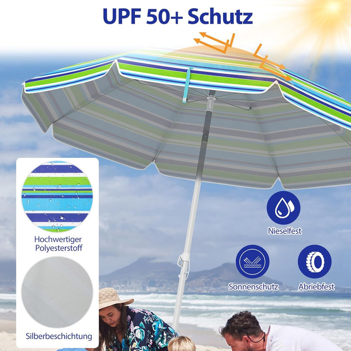 GOPLUS Strandschirm, Sonnenschirm um 30° knickbar, Gartenschirm UV 50+, Tischschirm mit Bodenhülse,