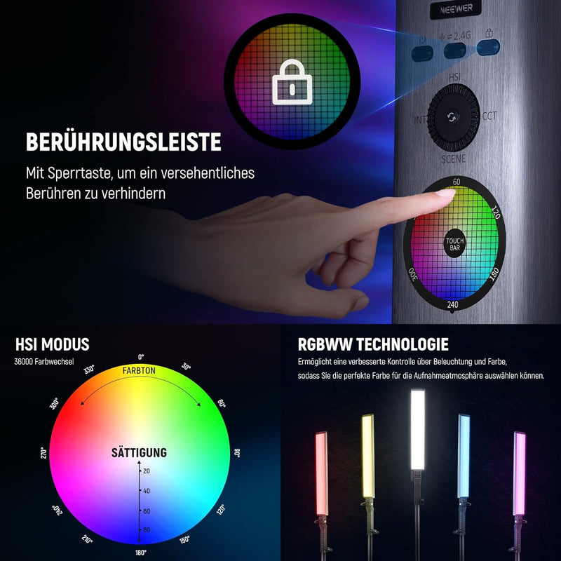 NEEWER BH30S RGB Videoleuchte Lichtstab mit 2,4G/APP Steuerung, 360°berührbare RGBWW Hue Mixer Photo