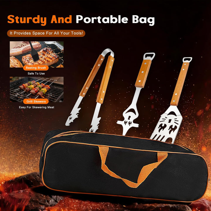 BBQ Grillbesteck Set 5-TLG, Extra Langes Grillwerkzeug aus Edelstahl mit Holzgriff, Grillzange, Flei