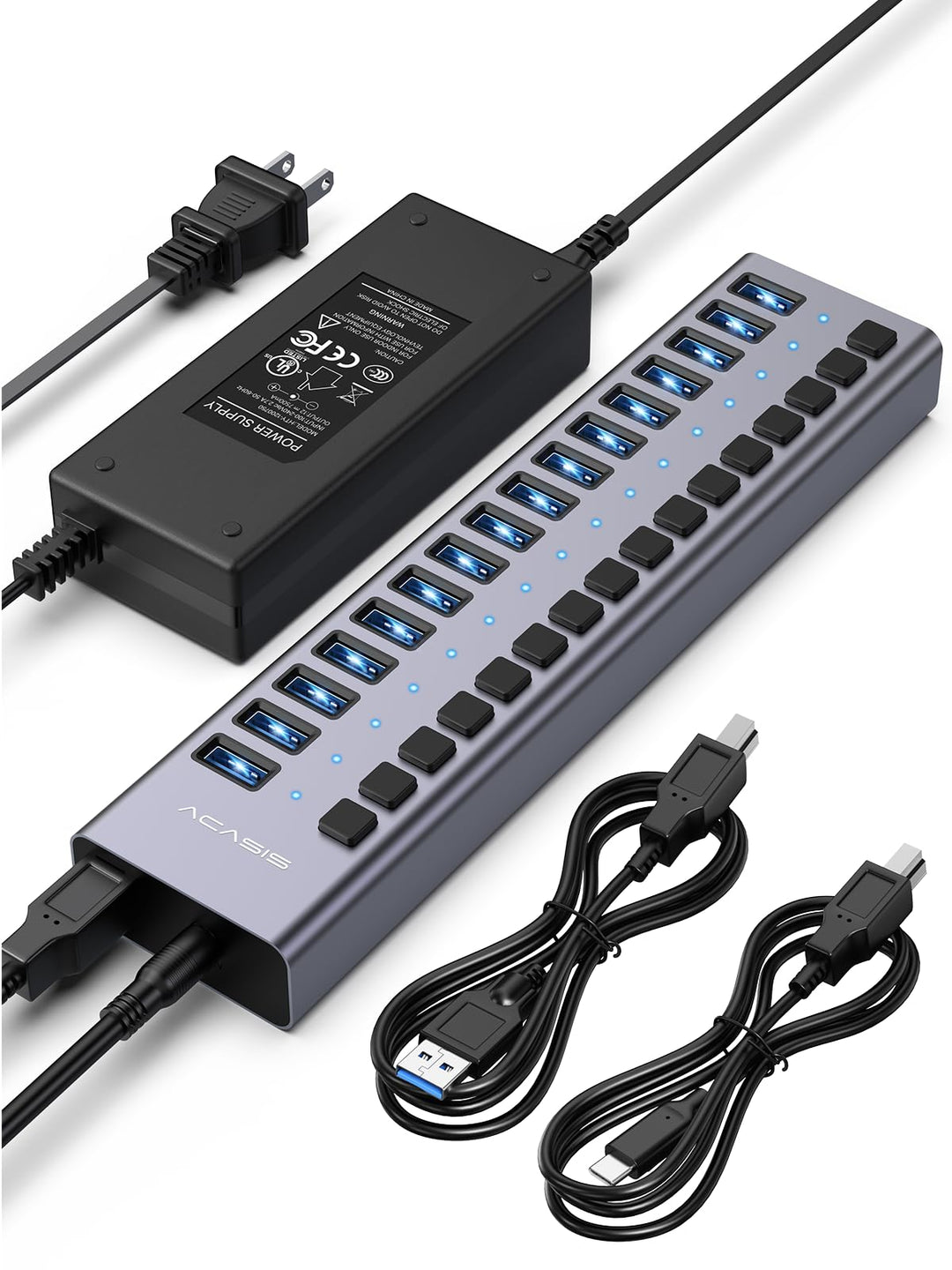 Powered USB 3.2 Hub, ACASIS 16 Ports USB 3.2 Hub mit 10Gbps Datenrate, Aluminiumgehäuse, USB Hub Pow