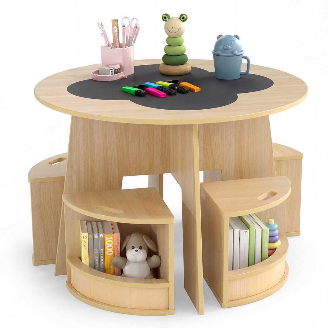 FANTASK 5-TLG. Kindertisch Stuhl Set Rund, Holztisch mit 4 Stauraumhockern, Maltisch für Kinderzimme