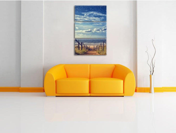 Pixxprint Weg zum Strand am Meer Kunst Buntstift Effekt 3-Teiler Leinwandbild 120x80 Bild auf Leinwa