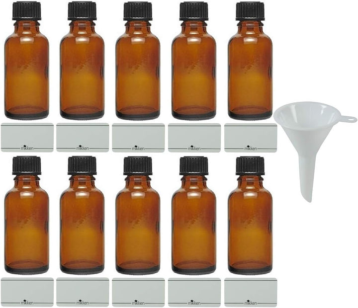 mikken 10 x braune Apothekerflasche 30ml made in Germany, inkl Beschriftungsetiketten + Trichter Bra