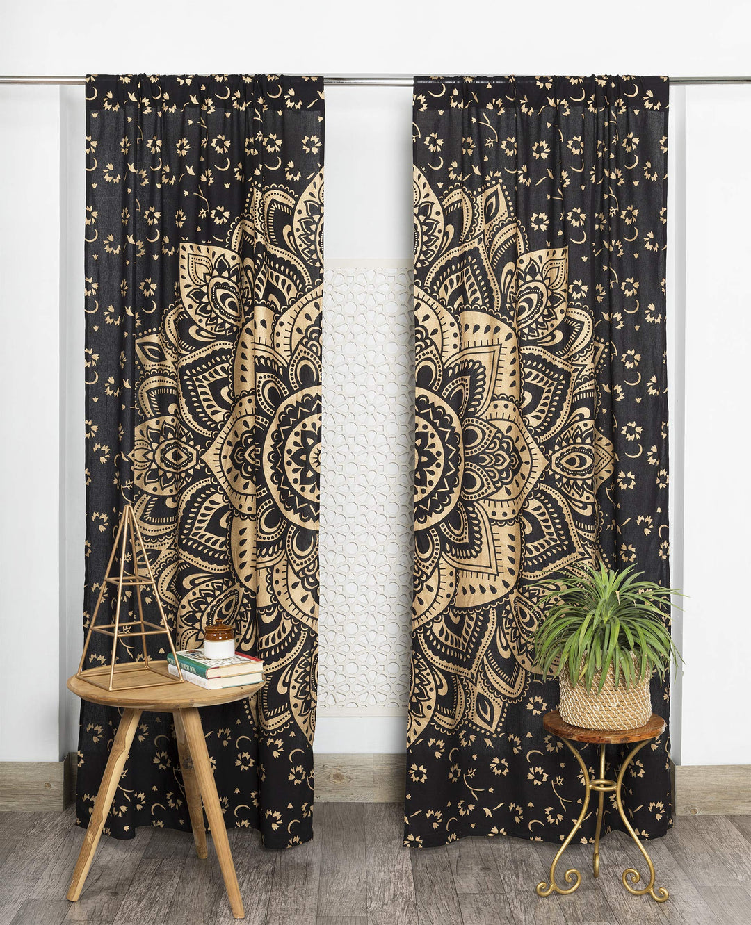 Popular Handicrafts Mandala-Vorhang, indischer Hippie-Stil, Boho-Stil, Ombré-Stil, Schwarz/Gold H188