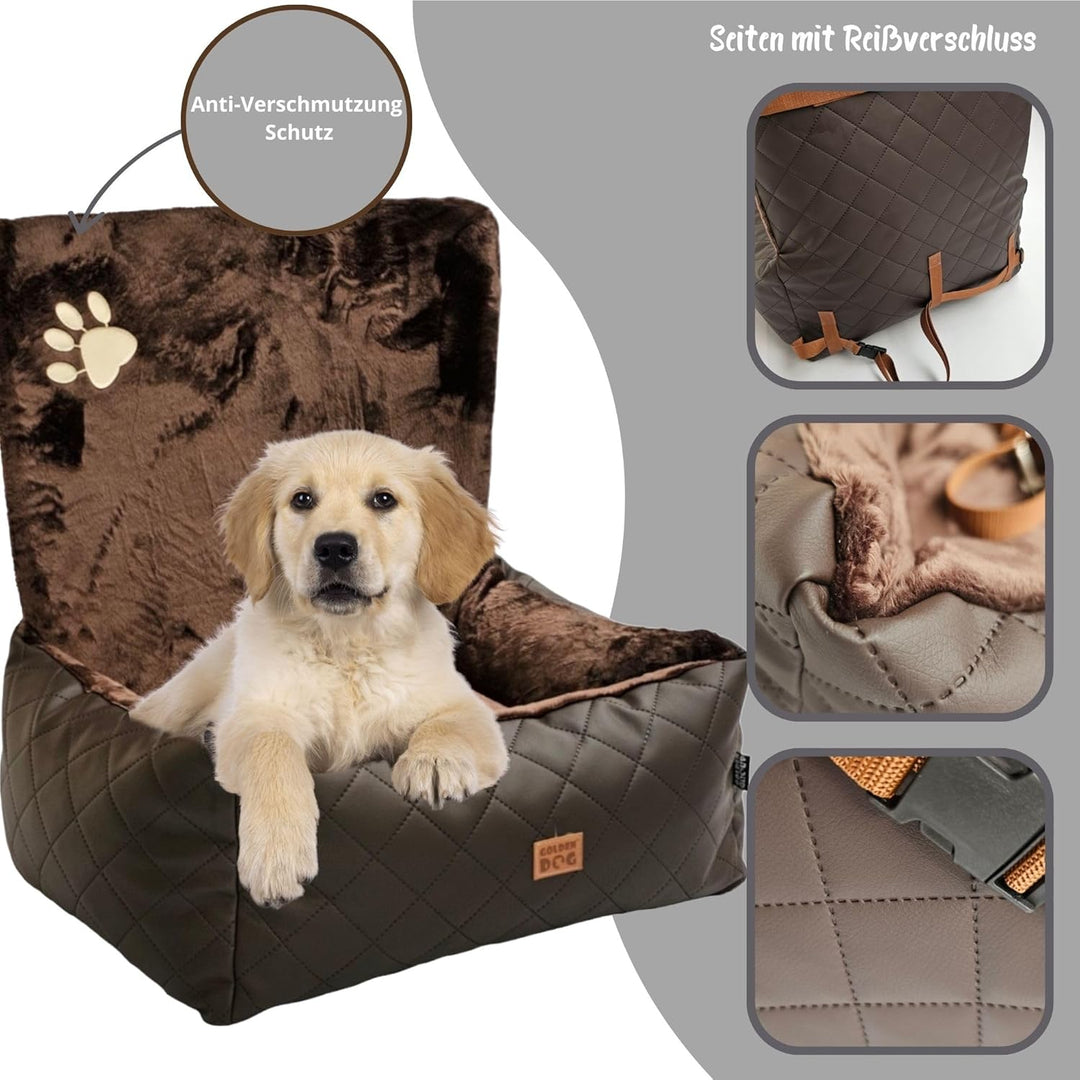 Golden Dog -Transportbox Hund mit Sicherheitsgurt S 58 x 46 cm Leder Imitation Autositz Hund, Wasser