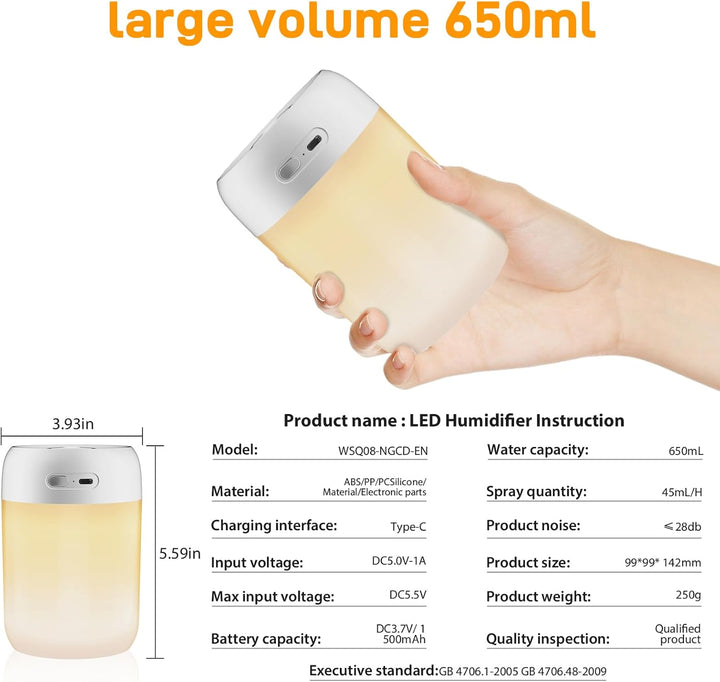 650ML Mini Luftbefeuchter für Schlafzimmer/Kinderzimmer/Pflanzen, 15H Lange Laufzeit 28dB Silent Air