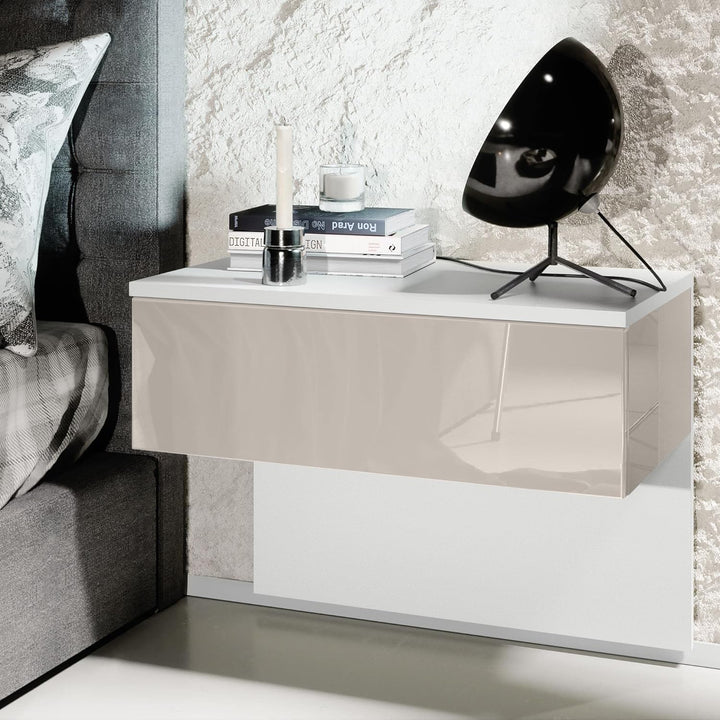 Vladon Nachttisch Sleep, Nachttischschrank mit Schublade zur Wandmontage, Weiss matt/Sandgrau Hochgl