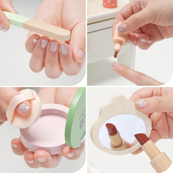 PairPear Holz-Kosmetikset für Kinder mit drehbarem Spiegel, Beauty-Salon Spielset mit 19 Zubehörteil