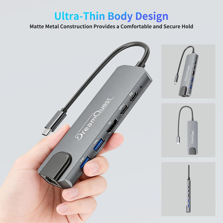 DreamQuest USB-C Hub 6-in-1 Docking Station mit 1000Mbps Netzwerkkarte,4K HDMI Port,PD 100W,USB 3.2