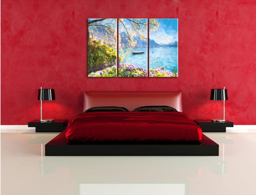 Pixxprint Genfer See im Sonnenschein Kunst Pinsel Effekt 3-Teiler Leinwandbild 120x80 Bild auf Leinw