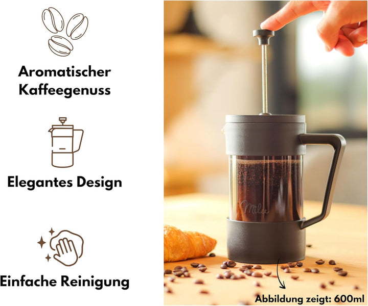 Milu French Press Kaffeebereiter | 350ml, 600ml, 1L | Glas Kaffeepresse, Kaffeezubereiter für Zuhaus