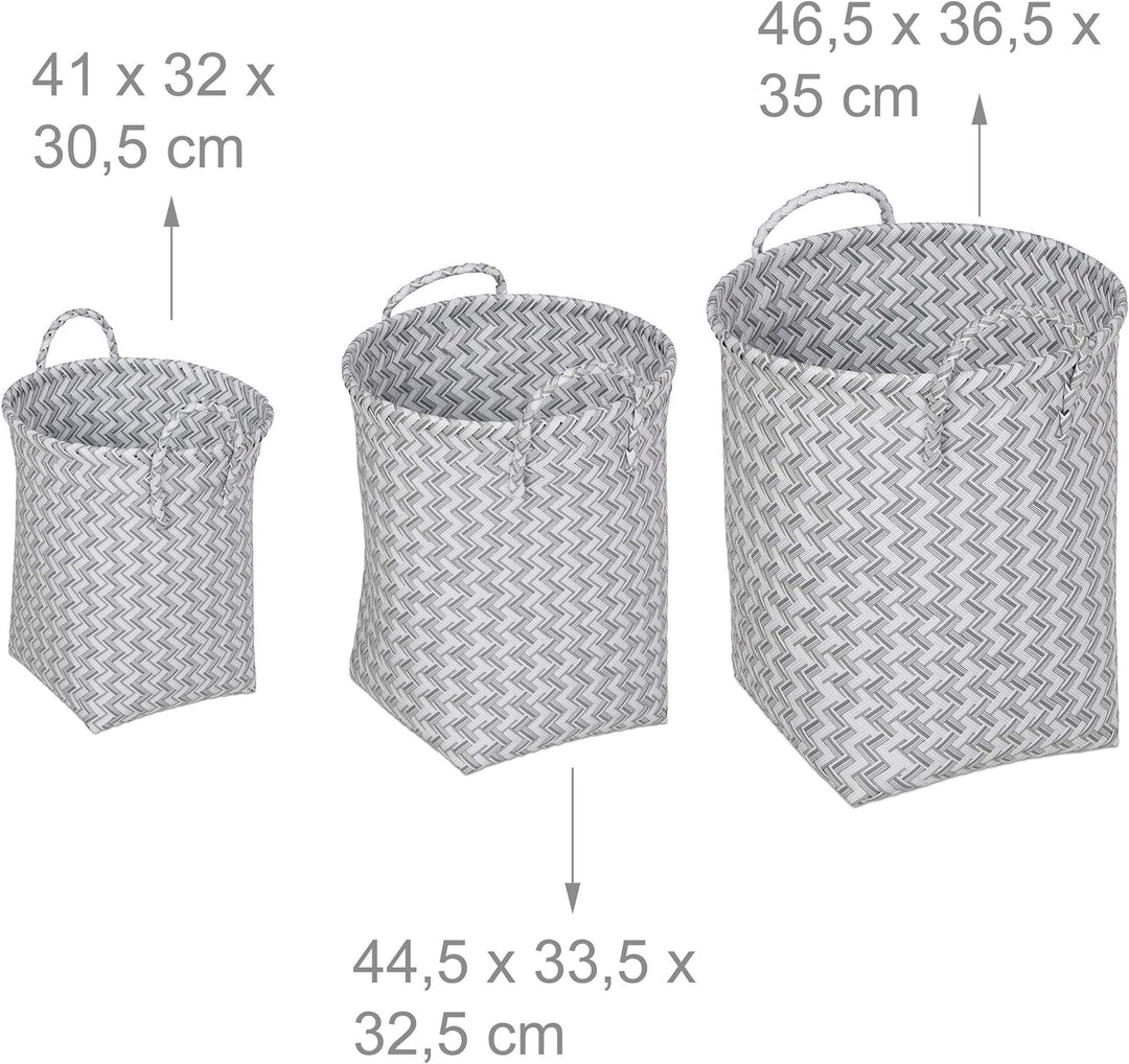 Relaxdays Wäschekorb geflochten, 3er Set Aufbewahrungskörbe, 3 Grössen, Spielzeugkorb mit Henkel, Ku