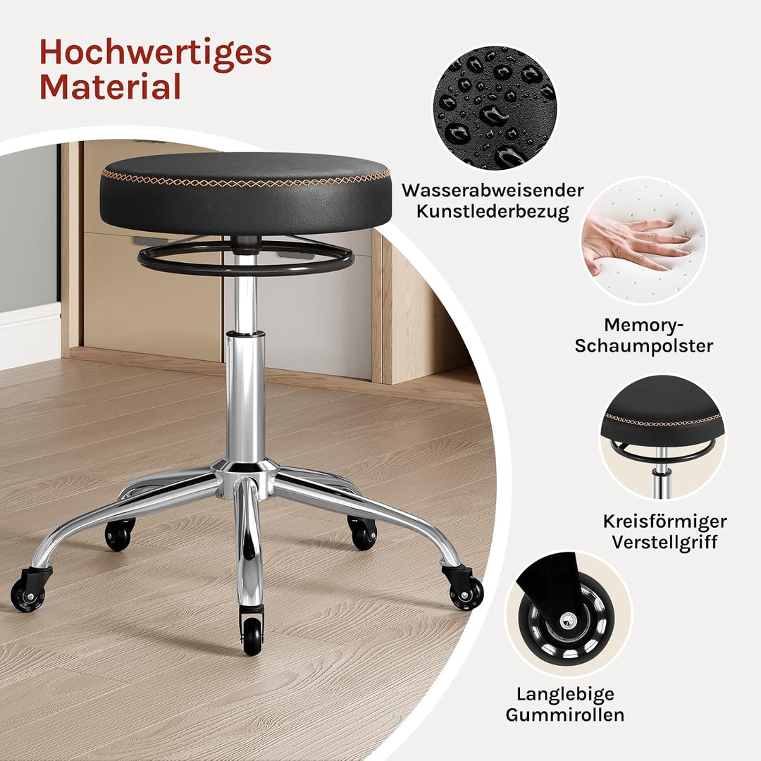 WOLTU Rollhocker höhenverstellbar, Bürohocker 360° drehbar, Schwarz | Drehhocker mit Rollen, runder