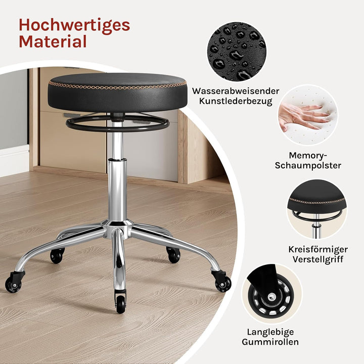 WOLTU Rollhocker höhenverstellbar, Bürohocker 360° drehbar, Schwarz | Drehhocker mit Rollen, runder