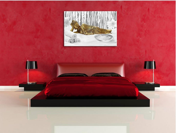 Pixxprint Goldener Buddha auf Handtuch / 100x70cm Leinwandbild bespannt auf Holzrahmen/Wandbild Kuns