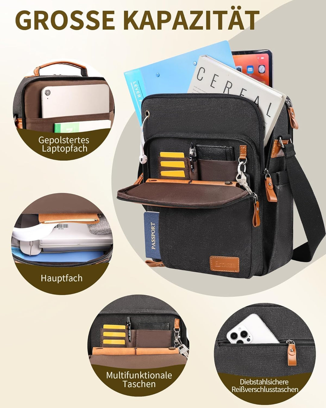 ESTARER Umhängetasche Herren, Schultertasche 13 Zoll kleine, Herrentasche Kuriertasche aus Canvas fü