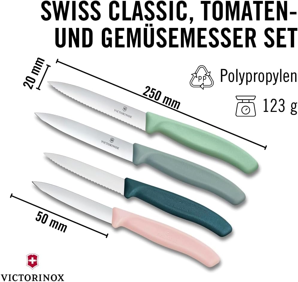 Victorinox Swiss Classic, Tomaten- und Gemüsemesser Set, 4teilig, Scharfe Klinge, 8 und 10 cm, Welle