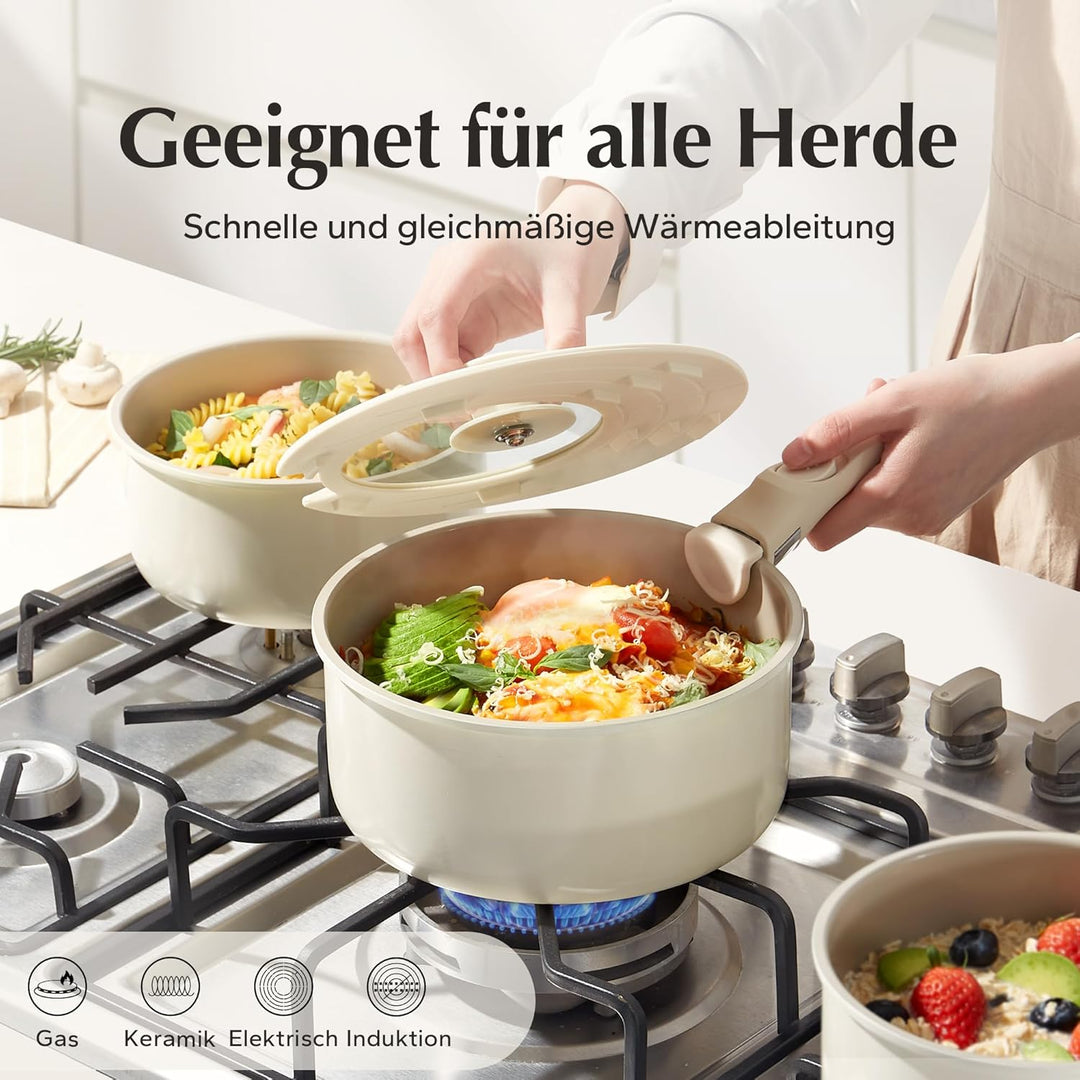 Redchef Töpfe Set mit Abnehmbaren Griffen, Antihaft Keramik Topfset 16/18/20cm und 3-IN-1 Verschluss