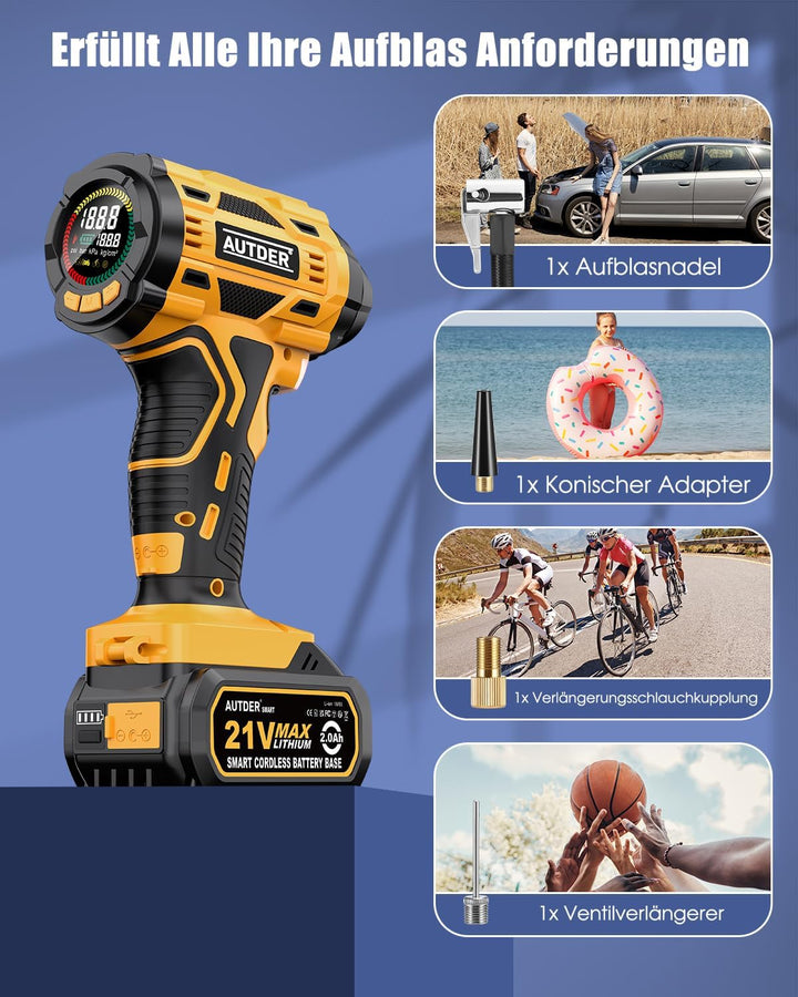 AUTDER Tragbarer Luftkompressor, kabelloser Reifenfüller, 180 PSI mit zwei Stromquellen, batteriebet