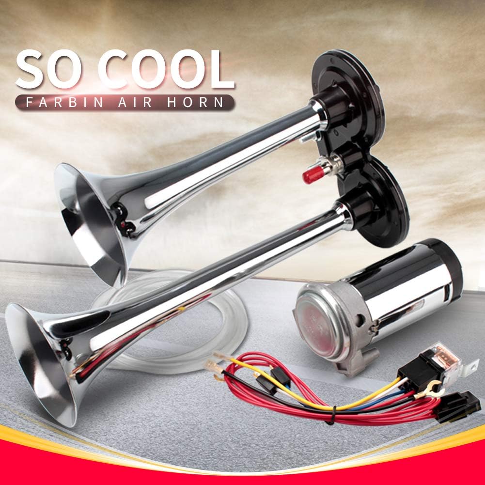 FARBIN Auto Horn 12V 150db Super Loud Air Horn, Chrom Zink Dual Trompete Air Horn, LKW Horn mit Komp