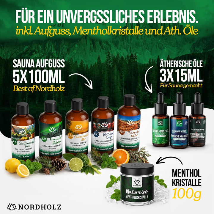 NORDHOLZ® Sauna Zubehör Set - [4x100ml] Sauna Aufgussmittel + [50Gr] Mentholkristalle Sauna + Sauna