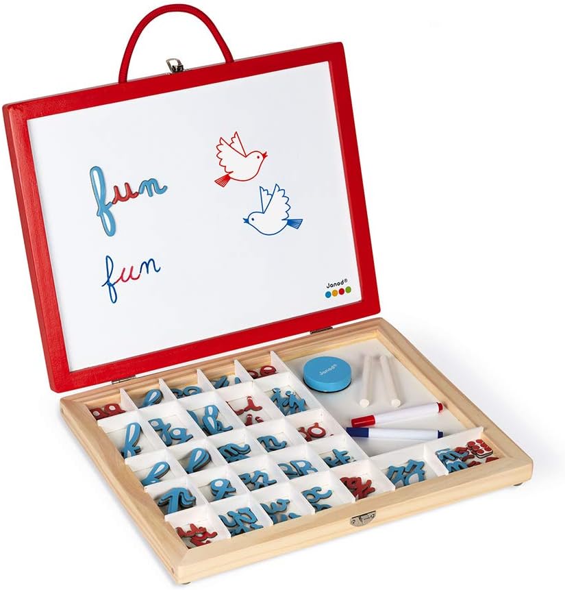 Janod - Essentiel - 4-in-1 Schreibkoffer aus Holz - Lernspiel - Buchstaben und Lesen lernen- 110 Zub