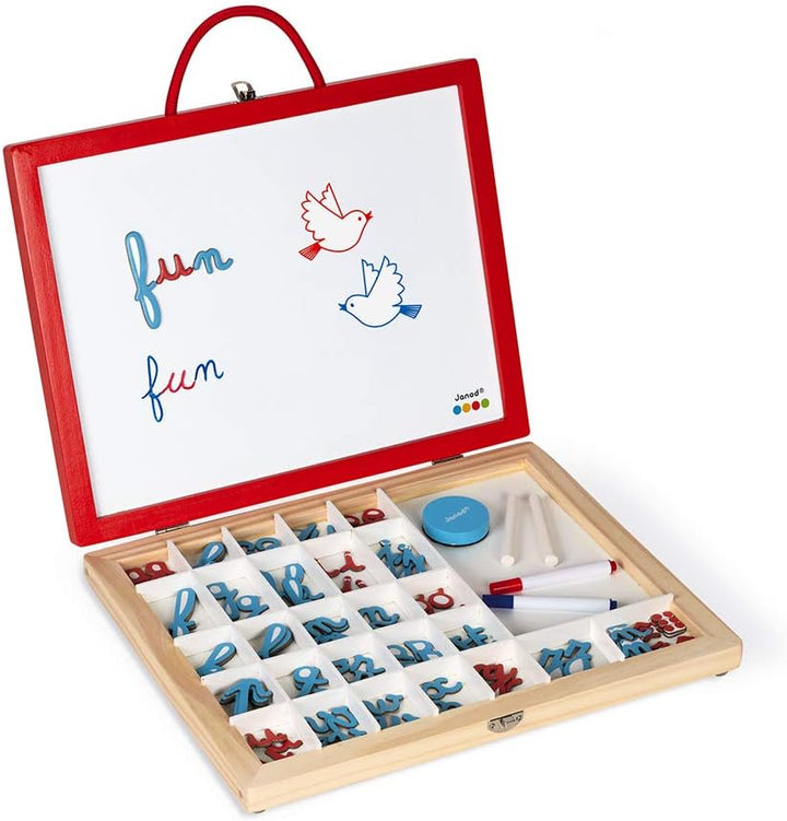 Janod - Essentiel - 4-in-1 Schreibkoffer aus Holz - Lernspiel - Buchstaben und Lesen lernen- 110 Zub