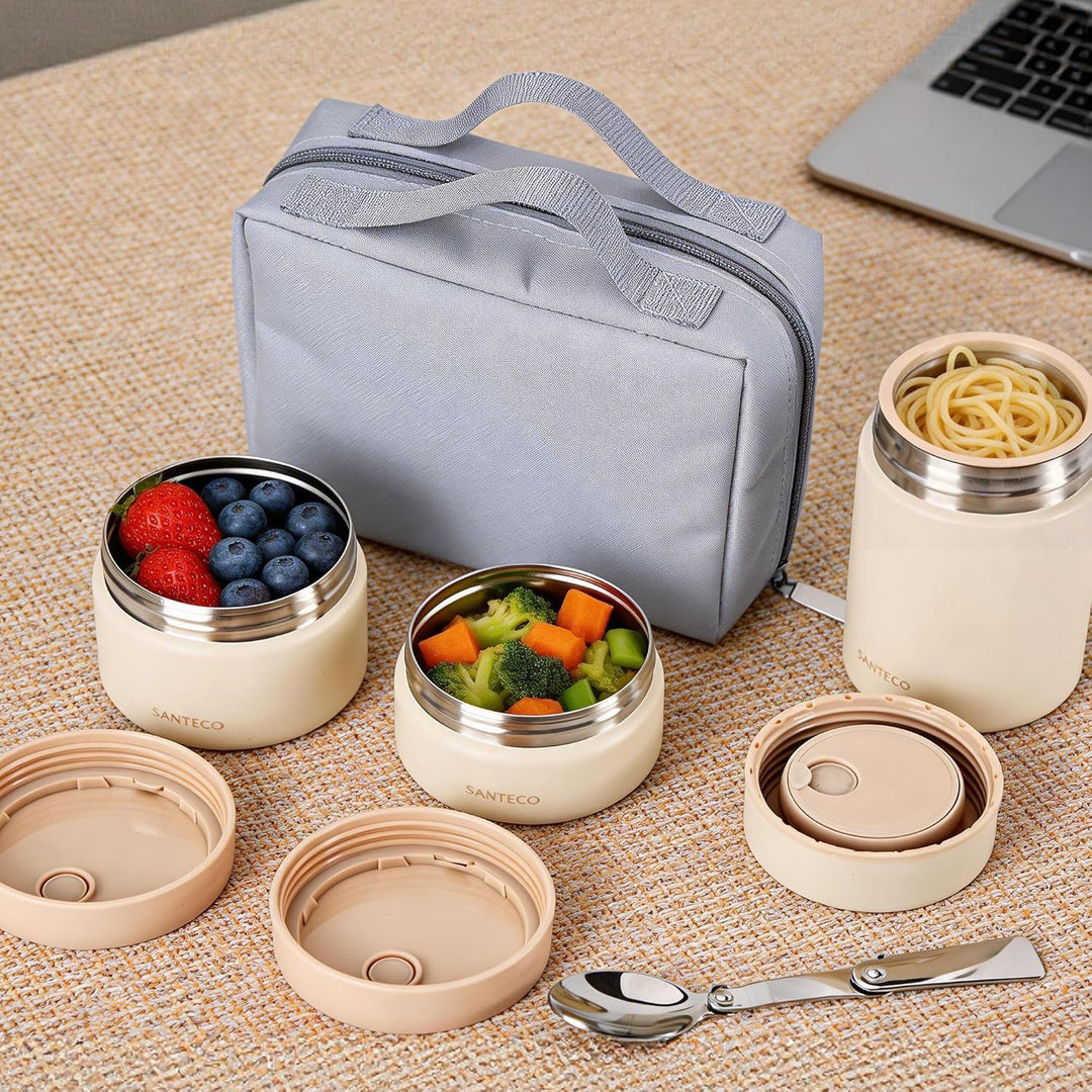 SANTECO Vakuumisolierter Suppen-Lunch-Set 1050ml - Isolierte Brotdose mit Löffel & Tragetasche - Sti