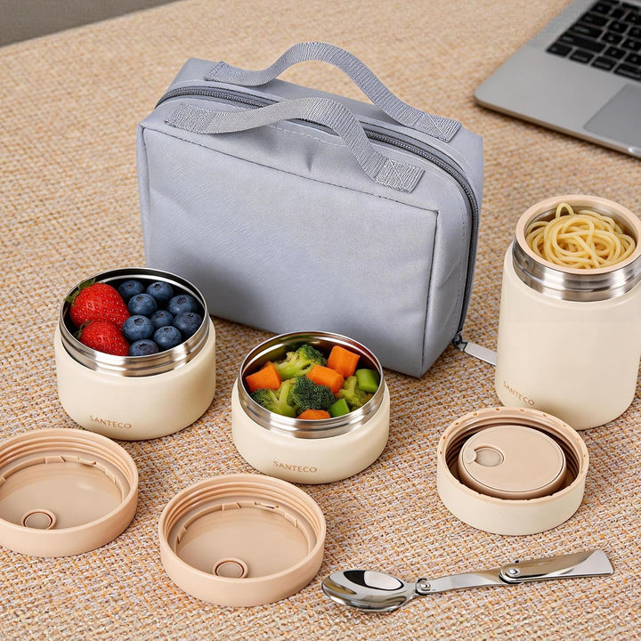 SANTECO Vakuumisolierter Suppen-Lunch-Set 1050ml - Isolierte Brotdose mit Löffel & Tragetasche - Sti