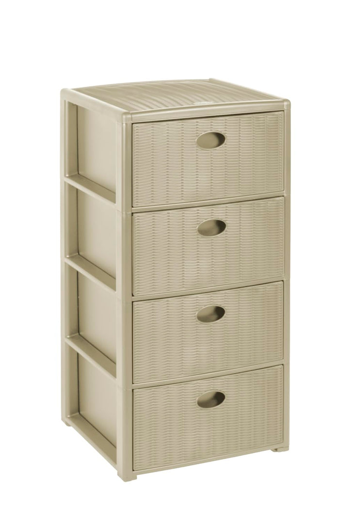Rollbarer Schubladenschrank aus Kunststoff in Rattan-Optik mit 4 Schubladen. Masse: 40x40x81 cm (Kas