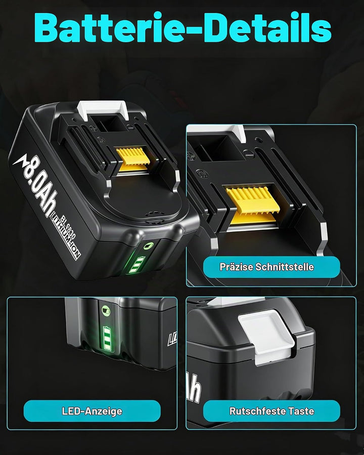 2 Stück 8.0Ah/8000mAh 18V BL1830 Akku mit Ladegerät Ersatzakku für makita Akku BL1830B BL1840 BL1850