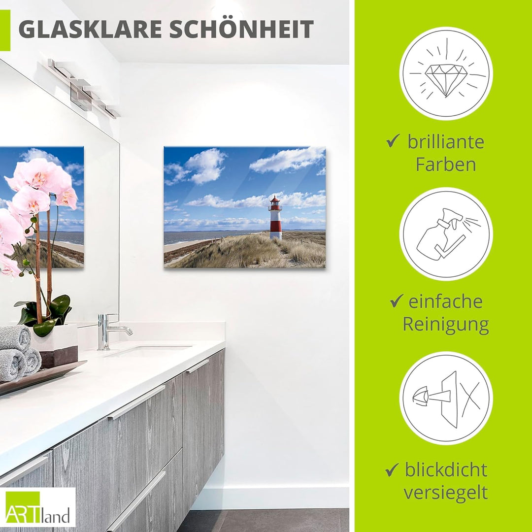ARTland Glasbilder Wandbild Glas Bild einteilig 80x60 cm Querformat Strand Meer Nordsee Leuchtturm S
