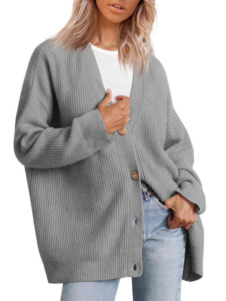 Damen Strickjacke Strick Outwear V-Ausschnitt Vorne Offen Leicht Lockere Pullover mit Knöpfen L Grau