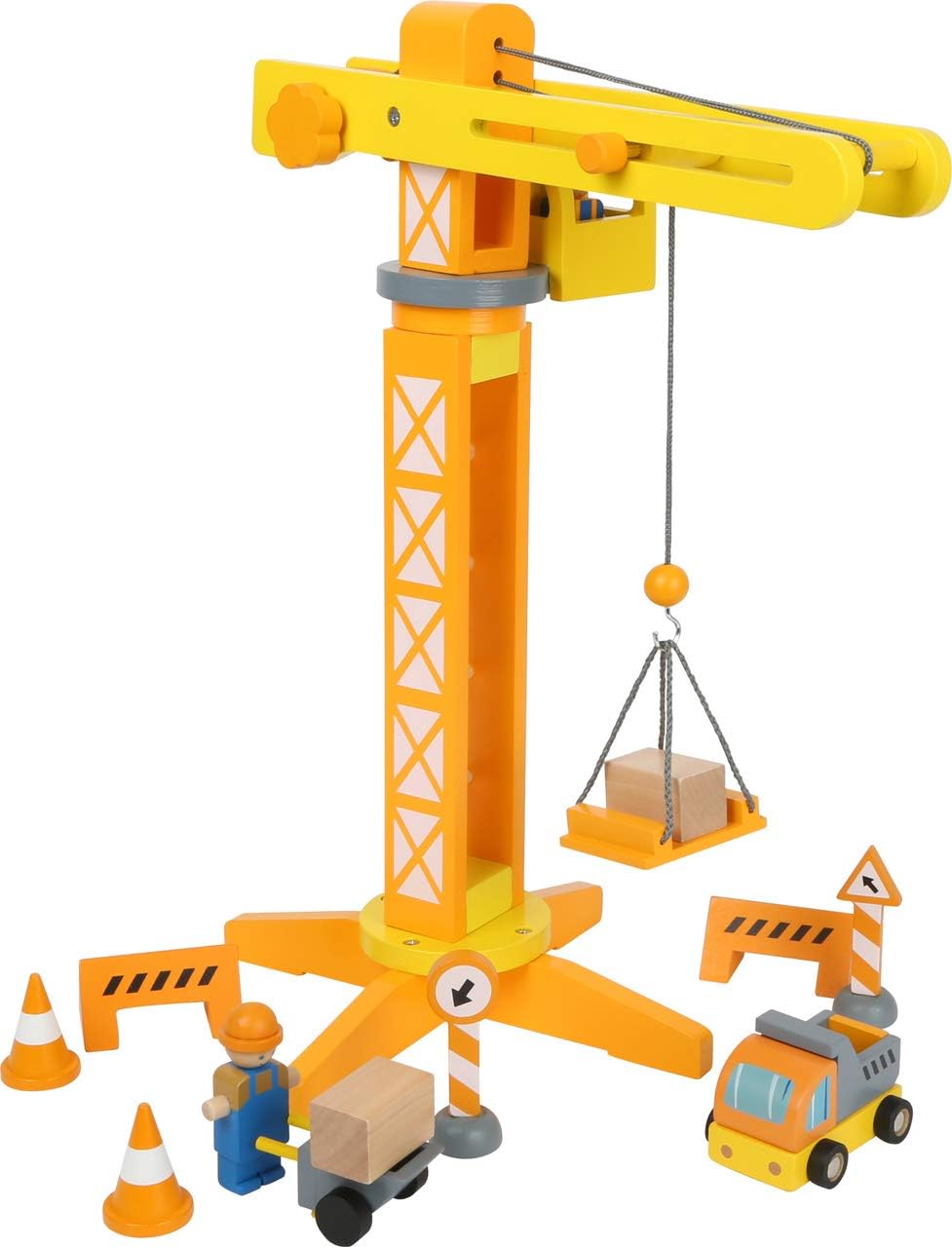 small foot Baukran mit Baustellenzubehör aus Holz, Spiel-Set für Kinder ab 3 Jahren, 12007, Baukran