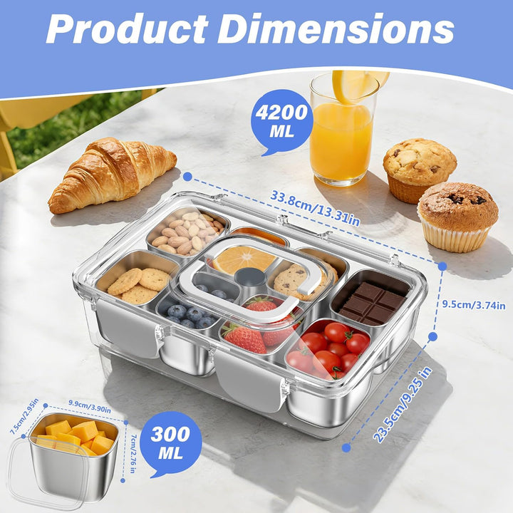 Snackbox Edelstahl mit 8 Fächern, Tragbar & Auslaufsicher Snackteller mit Deckel für Snacks, Süssigk