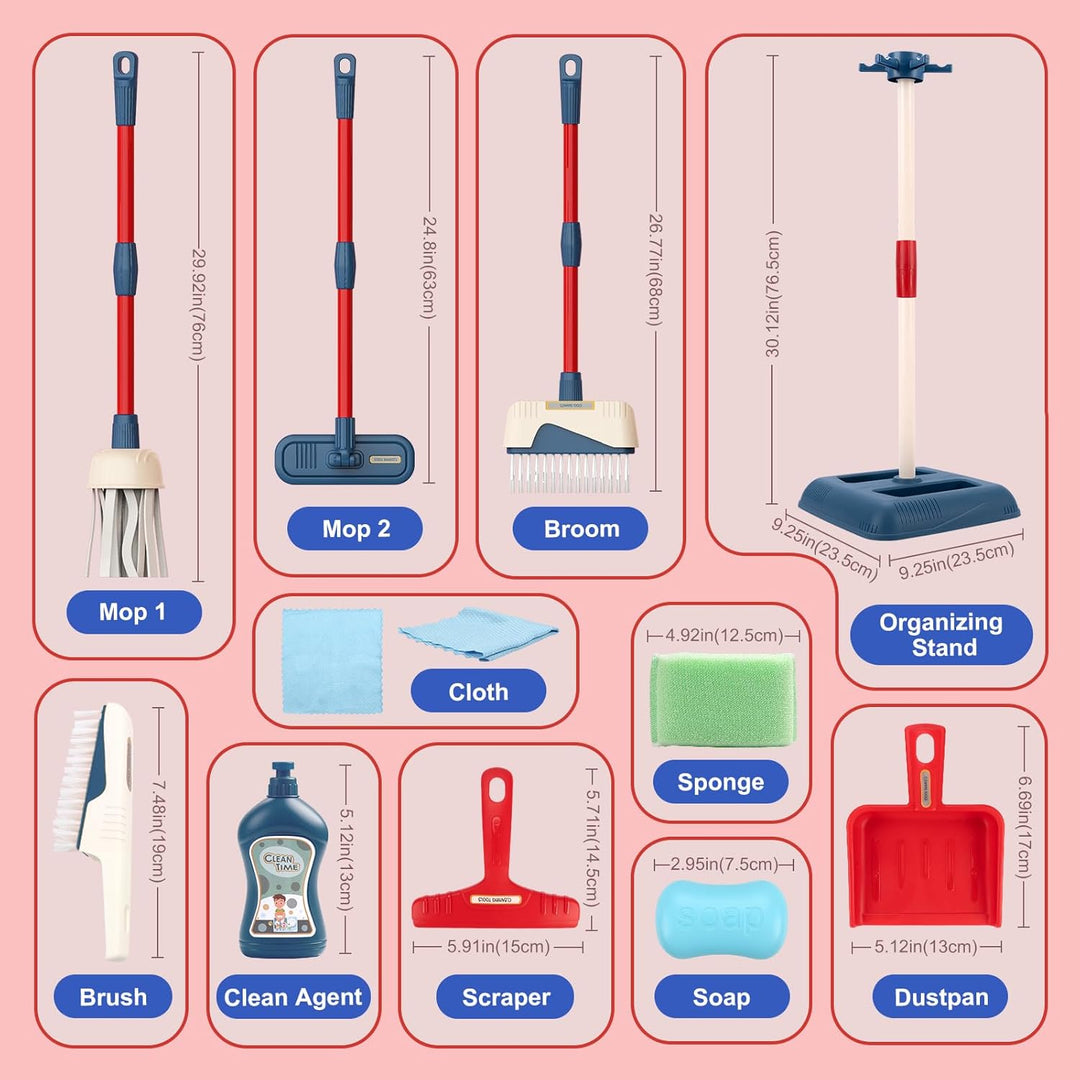 Jenilily Kinder Putzset, Besen mit langem Stiel, Kehrschaufel, Handfeger, Wischmopp Set mit Ständer