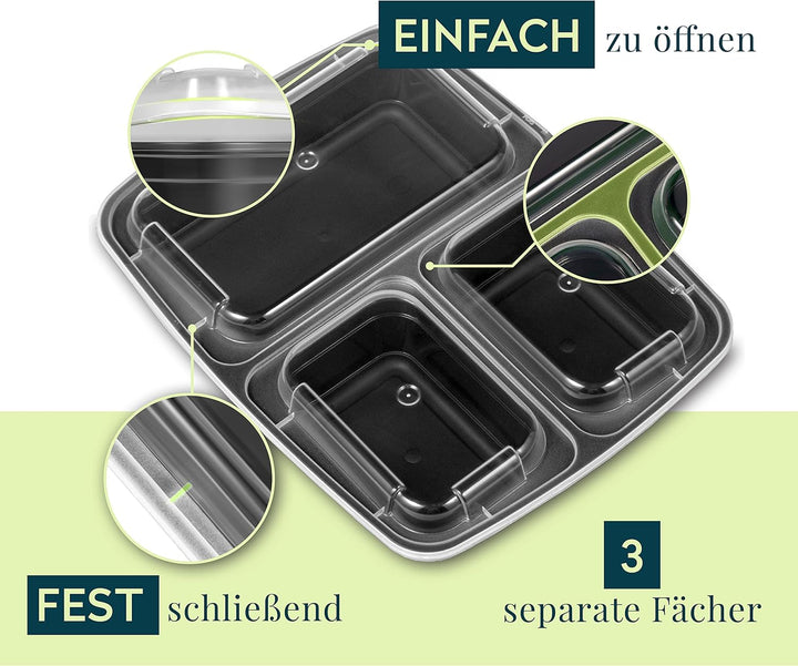 FITPREP 3 Fach Meal Prep Boxen im praktischen10er Pack - Mikrowellen &amp; Spülmaschinenfest, Mehrweg, L