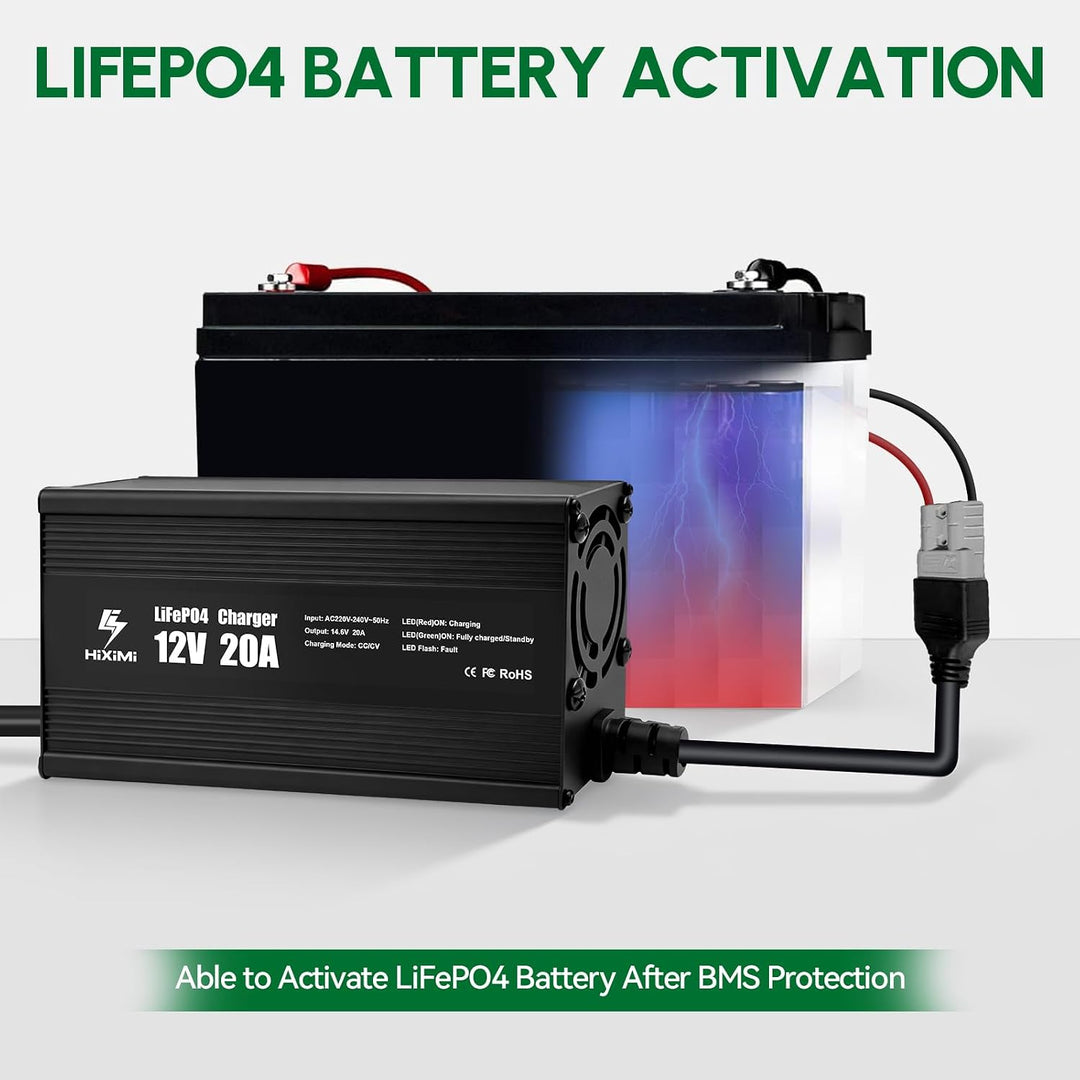 12V 20A LiFePO4-Ladegerät, 14,6V Lithium-Eisen-Phosphat-Ladegerät, Aluminiumgehäuse mit 50A Anderson