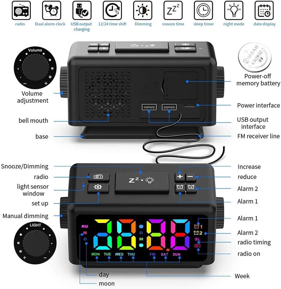 DollaTek RGB Digitalwecker UKW Radiowecker mit 2 USB Anschlüssen Sleep Sound Maschinen mit Timer Sch