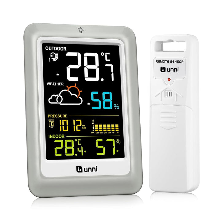 U UNNI Funk Wetterstation mit Aussensensor Batterien oder USB betrieben, Wettervorhersage Funkwetter