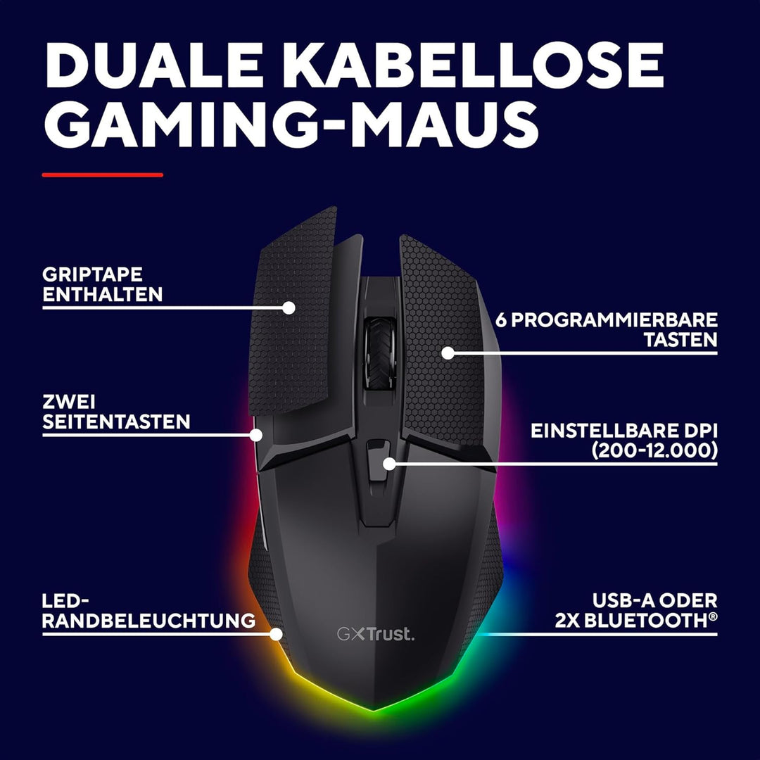 GXTrust 122 Felox+ Kabellose Gaming Maus Bluetooth + 2.4GHz mit Grip Pads, 12K DPI, 40 Stunden Akkul