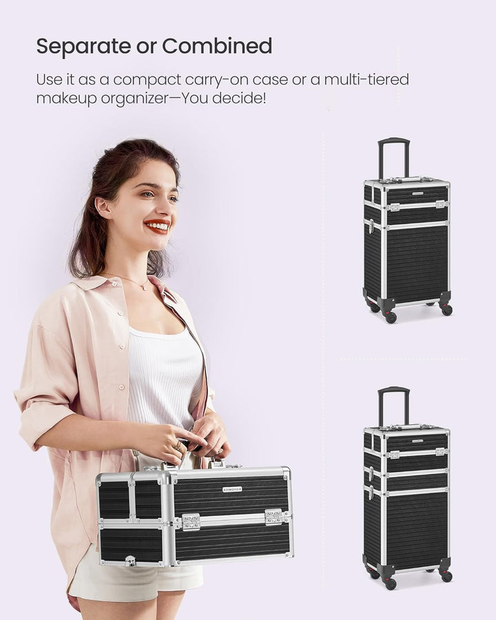 SONGMICS Kosmetikkoffer, Trolley, 4-in-1 Schminkkoffer, extra gross, Friseurkoffer, 34 x 24 x 79,3 c