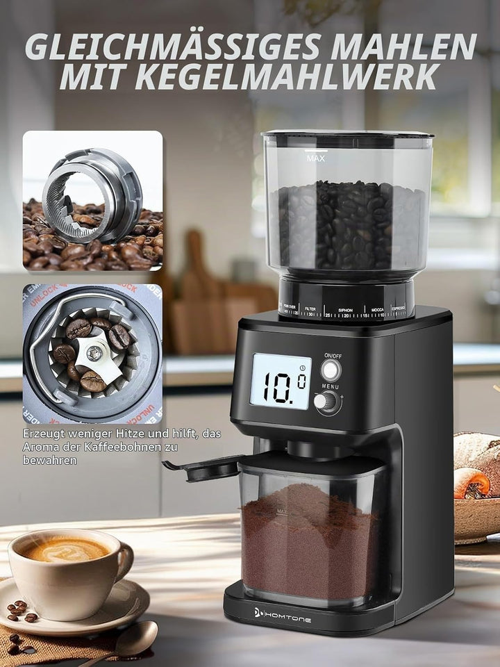 Homtone Elektrische Kaffeemühle für Siebträger, 51 einstellbare Mahlgrade, Kaffeemühle mit Grossem D