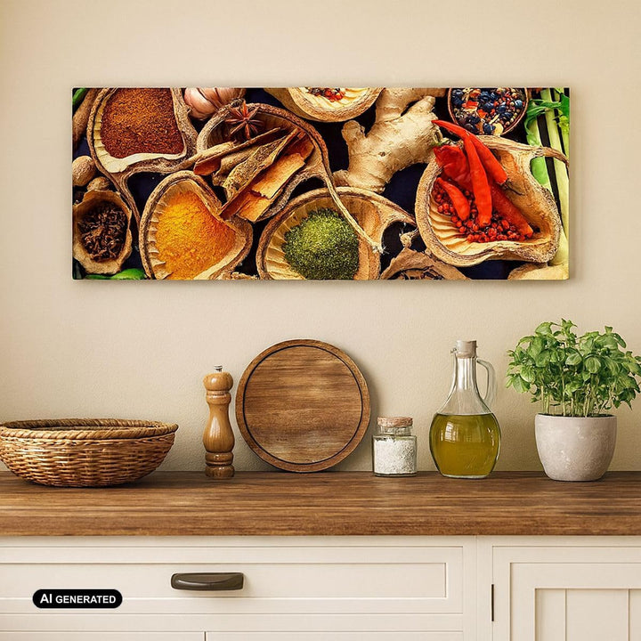Wandbilder Dekoration Wohnzimmer Essen Kräuter Gewürze Panorama Bilder auf Leinwand 120x50cm Leinwan