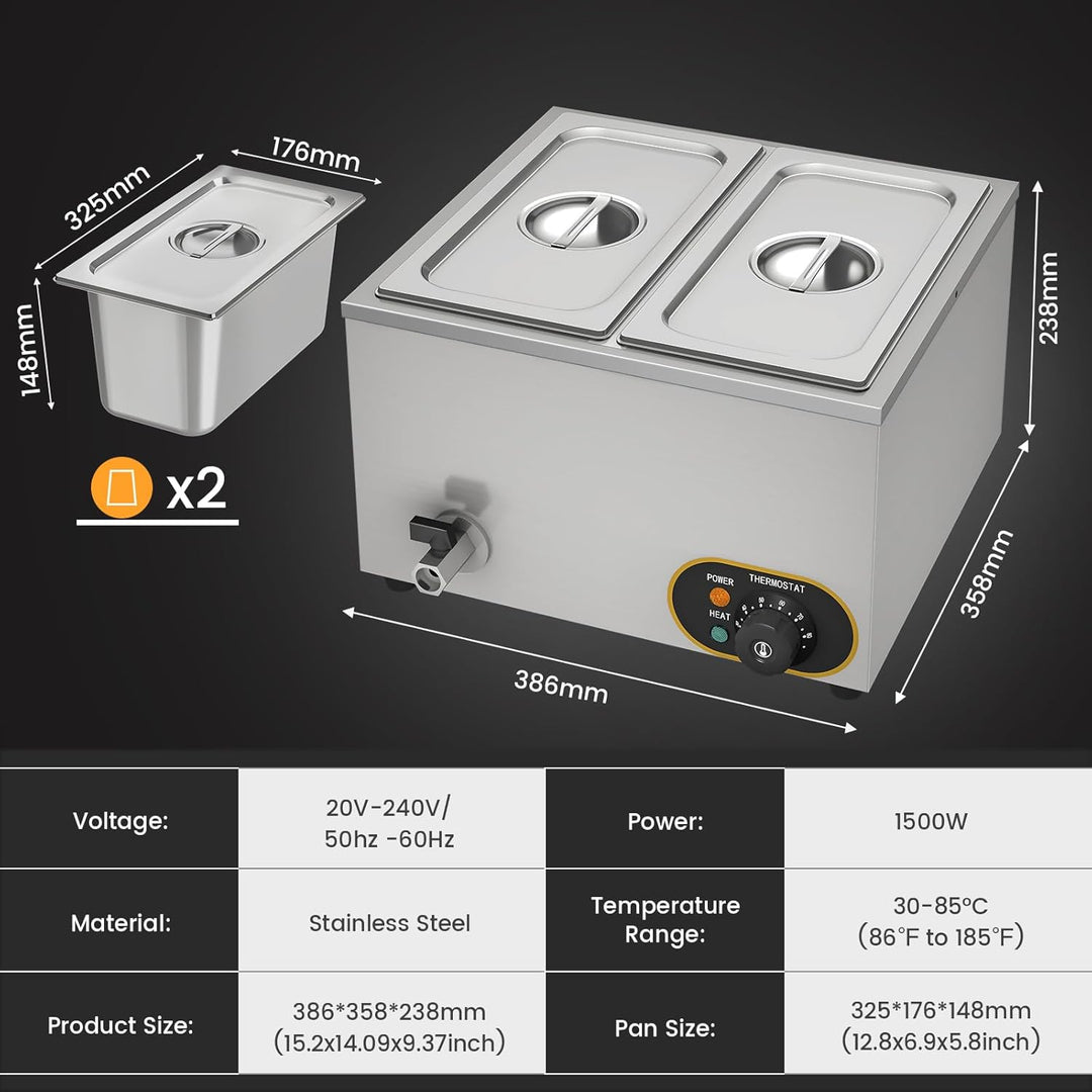 Elektrische Speisenwärmer Bain Marie Gastro GN-Behältern 1/3 * 2 Warmhalter Edelstahl mit Ablaufhahn