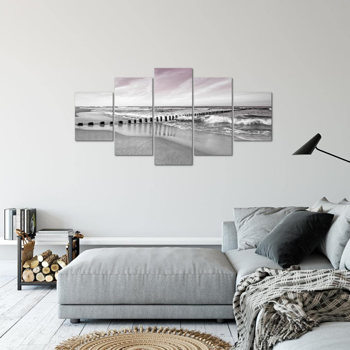 Runa Art Bild Schlafzimmer Wohnzimmer Strand Meer 5 Teilig Landschaft Grau Rosa Wandbilder auf Vlies