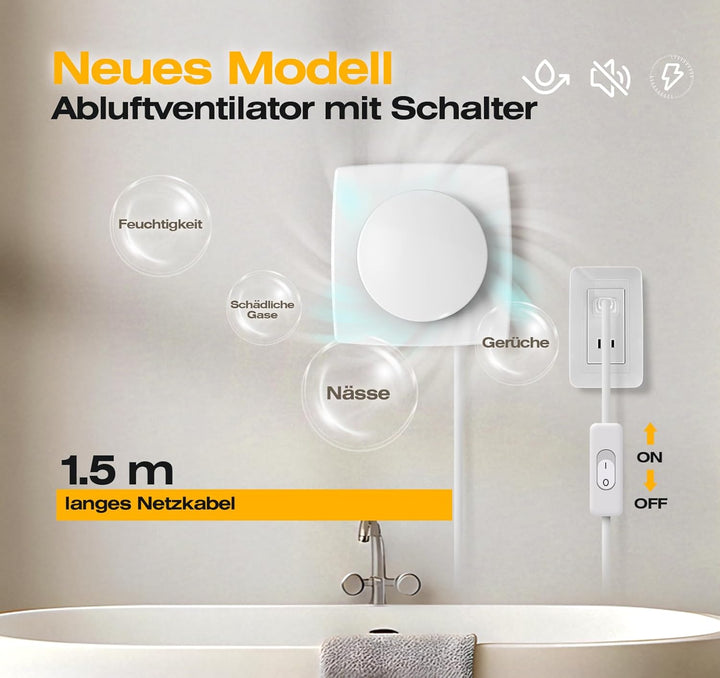Badlüfter 100mm mit Schalter - 130m³/h Starker Lüftung Energiesparend WC Lüfter - Leiser Badezimmer